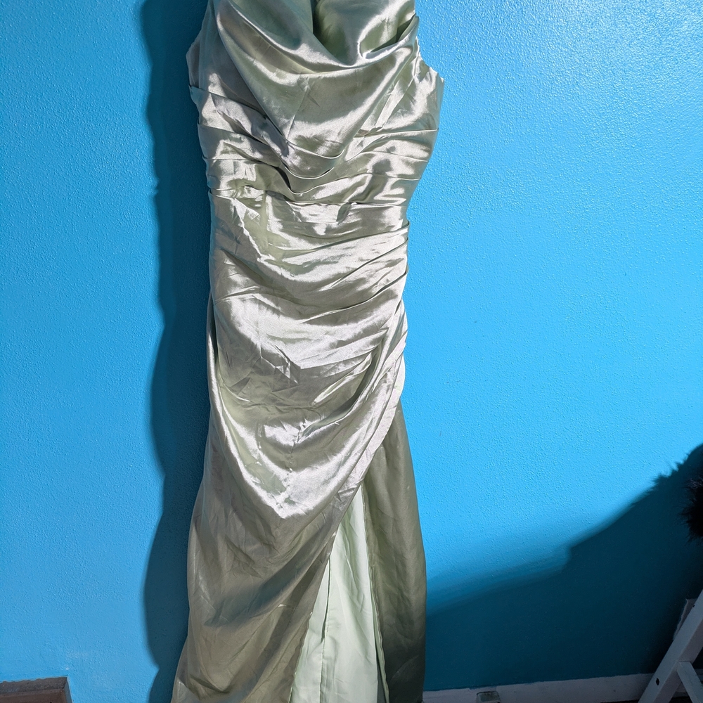 Satin Ruched Evening Gown in Satin Sage